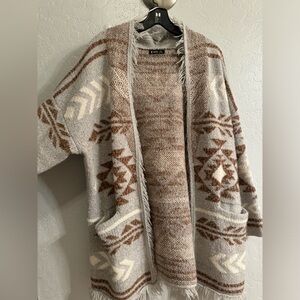Very J Grey & Brown Aztec Western Fringe Cardigan